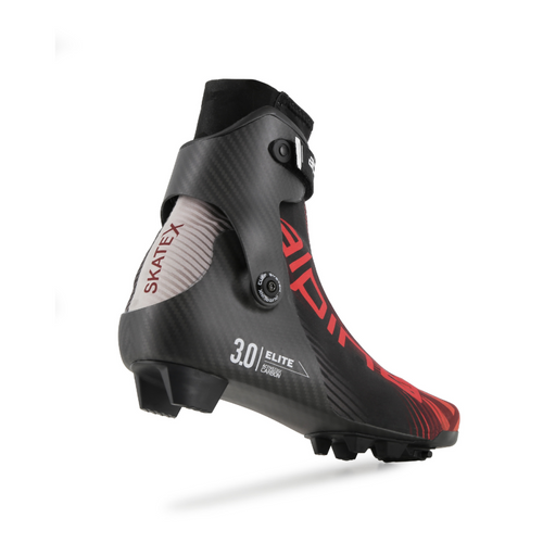 Black and red ski boot with Alpina and Rottefella branding on a white and red background