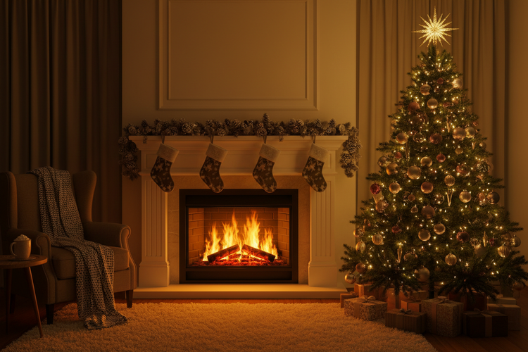 holiday background with a cozy fire and Christmas tree