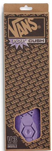 Vans pop cushion insole packaging with purple insole on a brown background
